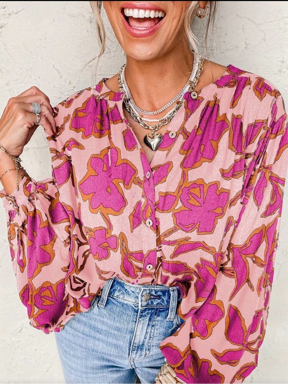 Women’s Pink Floral Button-Front Blouse Batwing sleeve XXL